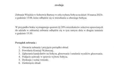 Zdjęcie do Zawiadomienie o zwołaniu zebrania wiejskiego w celu wyboru Sołtysa wsi Bartosy