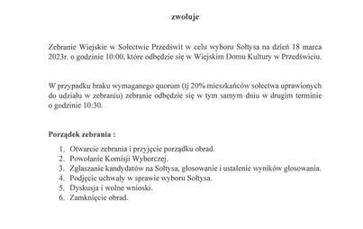 Zdjęcie do Zawiadomienie o zwołaniu zebrania wiejskiego w celu wyboru Sołtysa wsi Przedświt