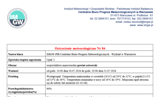 Wystąpi upał. Temperatura maksymalna w czwartek (30.07) od 29°C do 32°C, w piątek (31.07) od 33°C do 36°C. Temperatura minimalna w nocy od 16°C do 19°C. Miejscami upał utrzyma się do soboty lub niedzieli (01-02.08).
